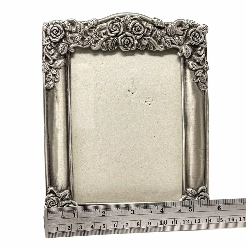 Vintage Art Nouveau Style Pewter Rose Picture Frame Ornate Floral 4x6